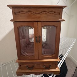 Vintage Wooden Standing Jewelry Box With Decorated  Glass Doors and 