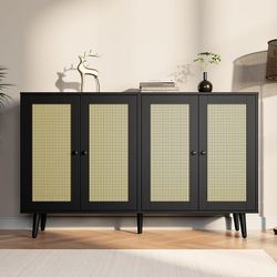 Rattan Buffet Cabinet Accent Sideboard Cabinet with 4 Rattan Doors, adjustable shelves, Storage Cabinet for Living Room Kitchen


