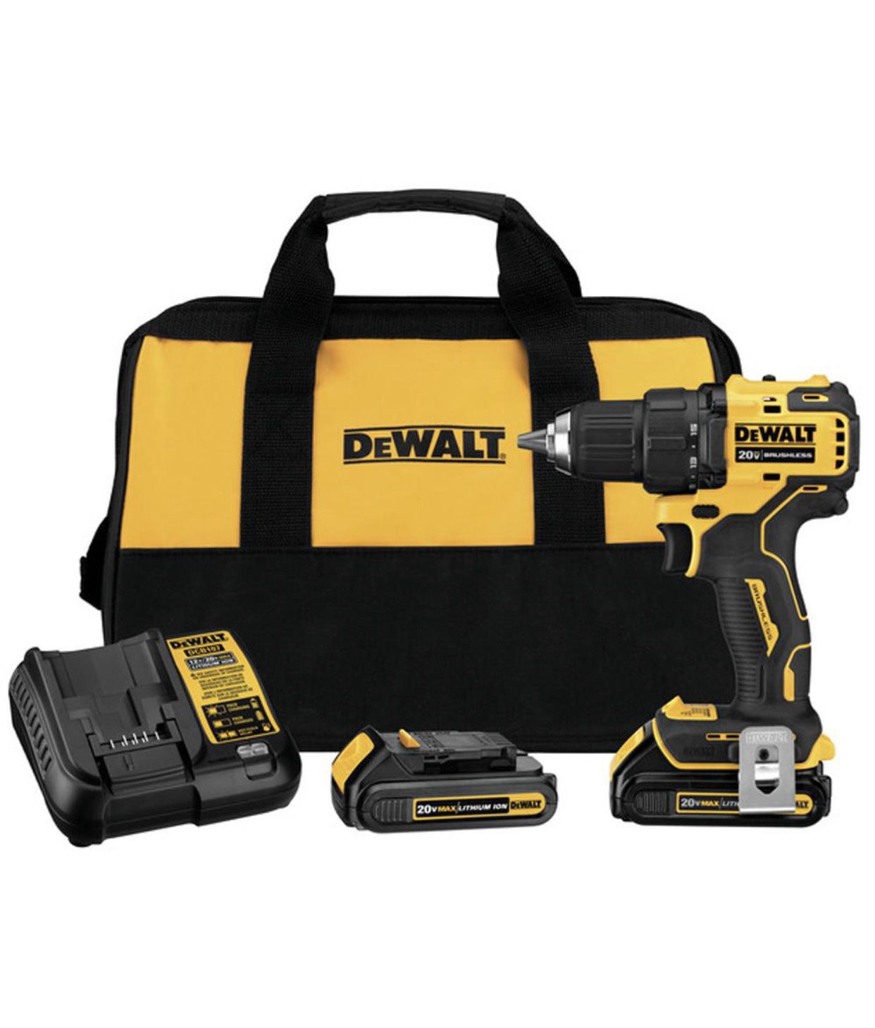 DEWALT ATOMIC 20-Volt MAX Lithium-Ion Brushless Cordless Compact 1/2 in. Drill Driver w/ 1 Batteries 1.3Ah, Charger & Bag