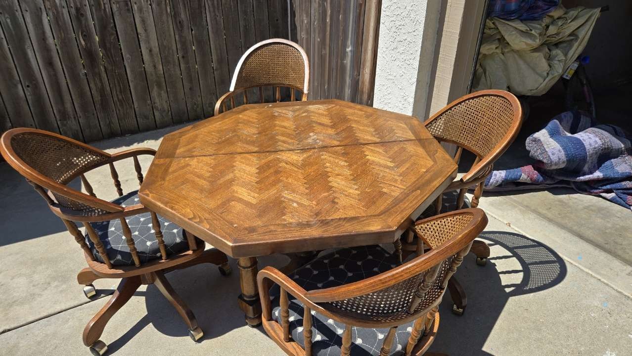 Solid Wood Table And Rolling Chairs