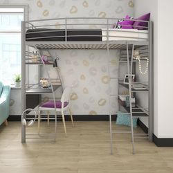 Twin Metal Loft Bed With Integrated Desk And Shelves