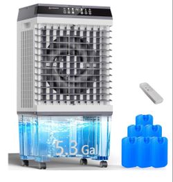 Uthfy Evaporative Air Cooler, 3-IN-1 Swamp Cooler with 5.3 Gallon Water Tank, 6 Ice Packs, Remote, 12H Timer, 120°Oscillation, Portable Cooling Fan wi