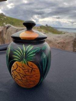 Jamaican Decorative Wooden Container 7" tall with Lid