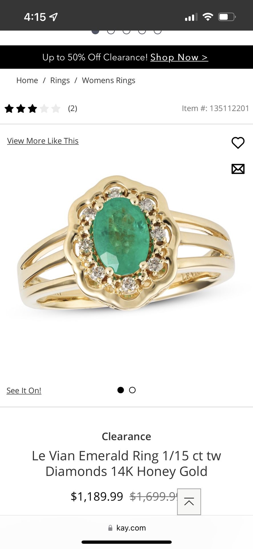 Le Vian Emerald Ring 1/15 ct tw Diamonds 14k Honey Gold Size 5