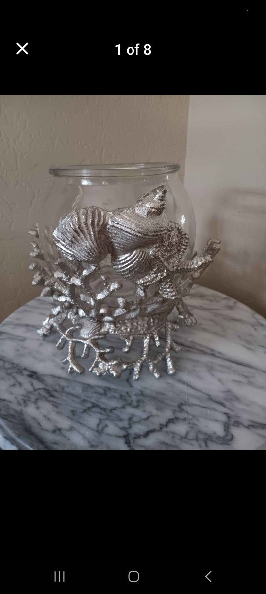 Nautical Vase Fish Bowl/Candle Holder. Silver Coral Shell Decor. Metal Base