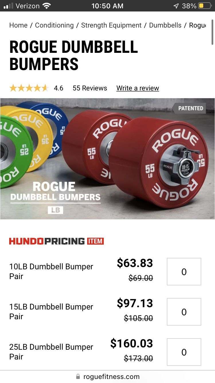 Pair Of Rogue Db-15 Loadable Dumbbells With Rogue OSO Aluminum Collars