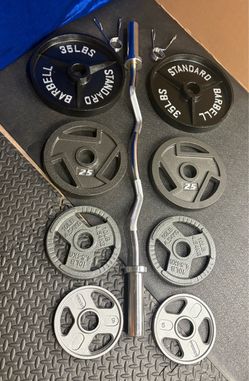 NEW Olympic Equipment Curl Bar of 20# with Cooper Bearings and Plates 2X35s, 2X25s, 2X10s and 2X5s pounds. Brute 170#
