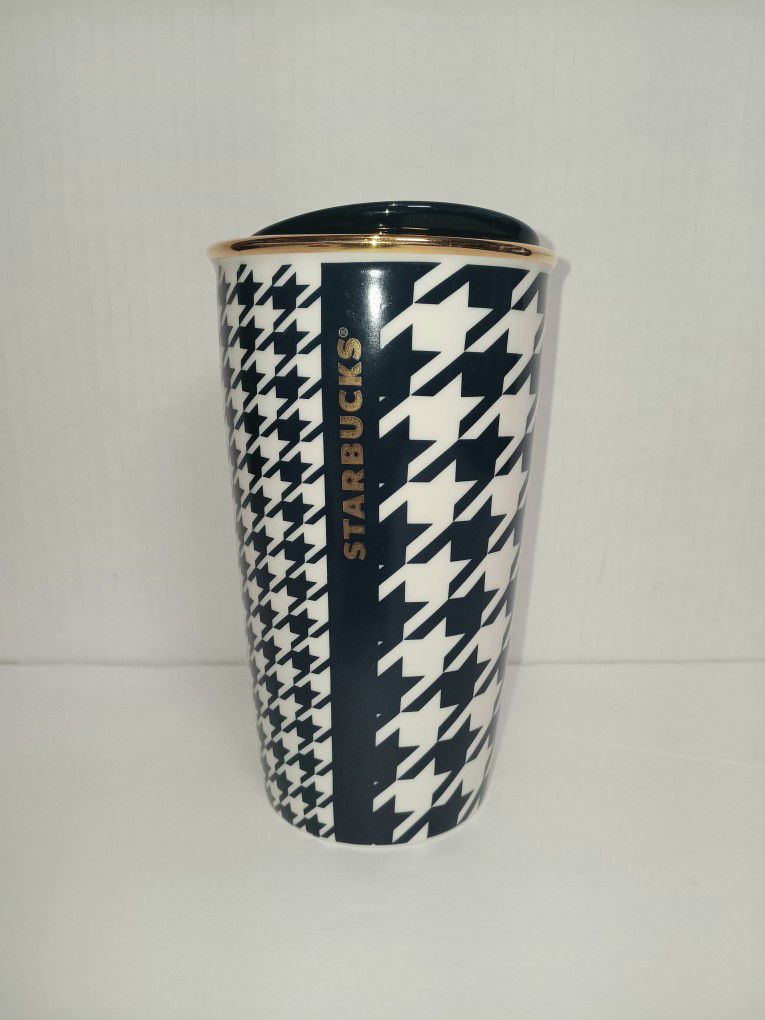 STARBUCKS Navy Blue Dot 2015 Houndstooth Ceramic Tumbler 12oz Coffee Mug Cup