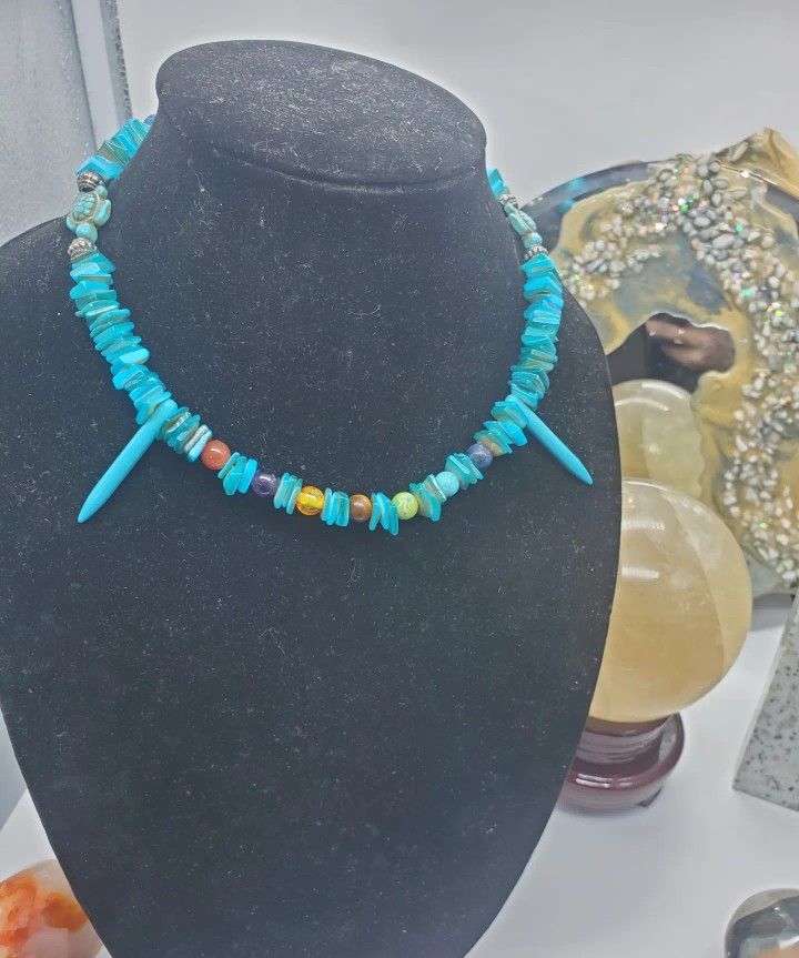 Handmade Turquoise and natural shell chakra beaded Choker necklace