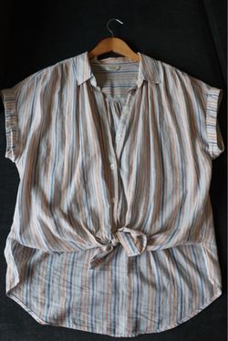 Striped Short Sleeve Button-Down Tie-Front Blouse