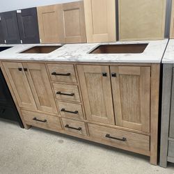 Bathroom vanity cabinet 60” solid Teak Quartz top with sinks and backsplash 
