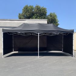$225 (New) Heavy-duty black 10x20 ft canopy with (4 sidewalls) ez pop up outdoor party tent w/ carry bag 