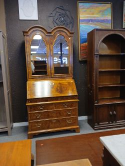 Antique-Style Walnut Secretary Desk with Hutch