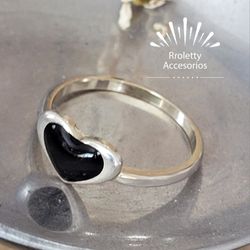Sterling Silver 925 Heart Ring With Onyx Stone