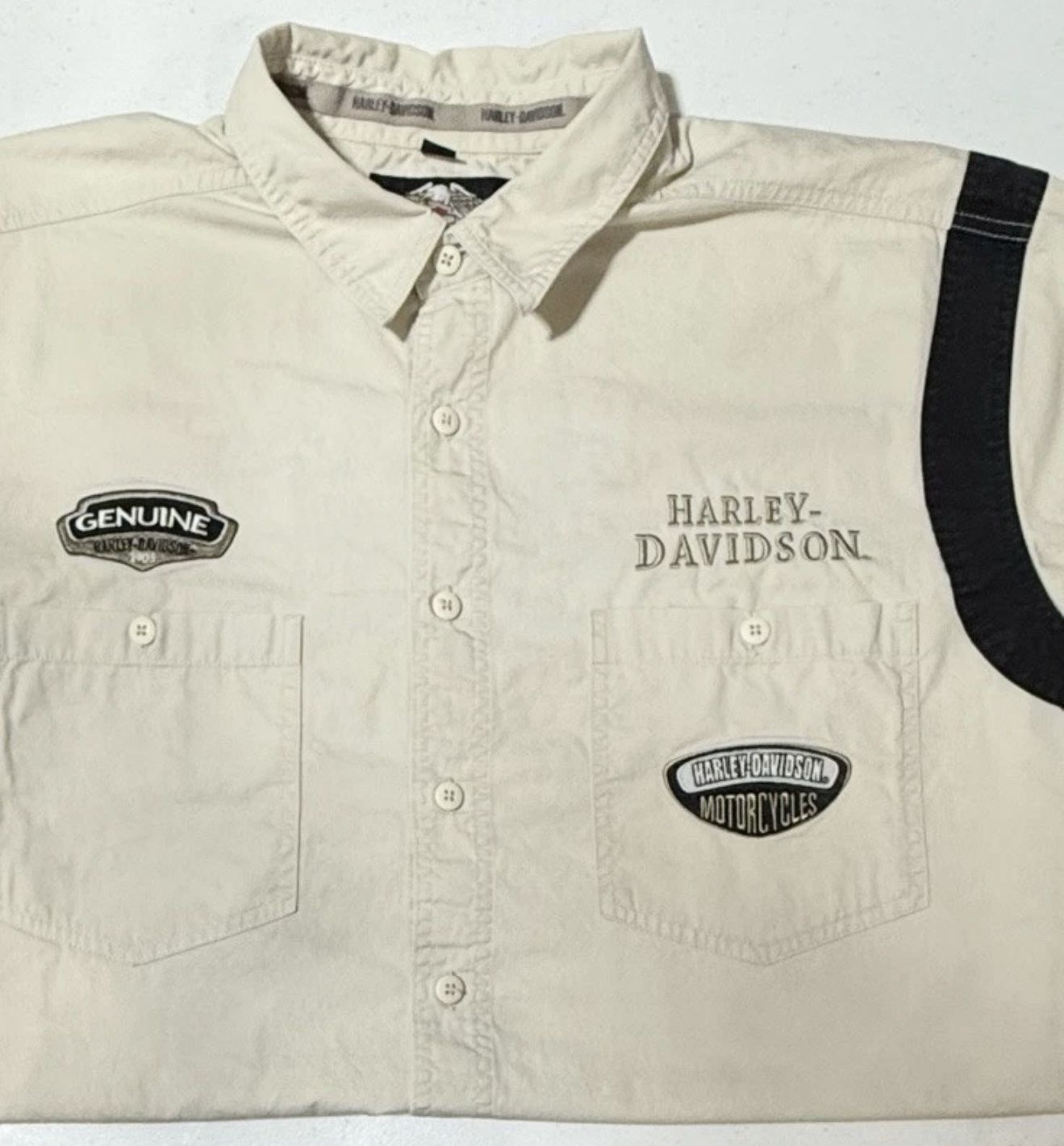 2XL Vintage Harley Davidson Y2K Short Sleeve Button Down Shirt  Khaki
