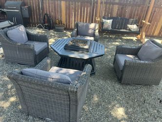 Broyhill Swivel Chairs and Propane Metal Fire Table