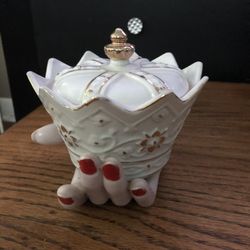 Vintage Wales Made In Japan Ceramic Hand Holding Jewelry Box