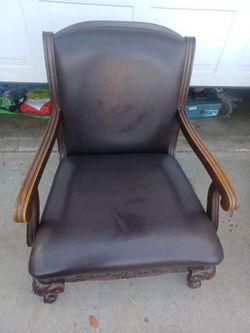 Dark Brown Leather Armchair with Wood Frame