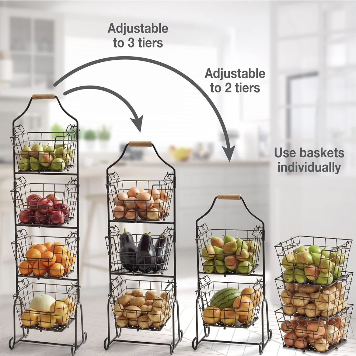 Gourmet Basics by Mikasa Laguna 4-Tier Adjustable Fruit and Home Standing Storage Basket, Black