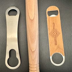 Vtg. Cocktail Tools In Wood and Stainless Steel, Bar Key, Speed Opener & Muddler.