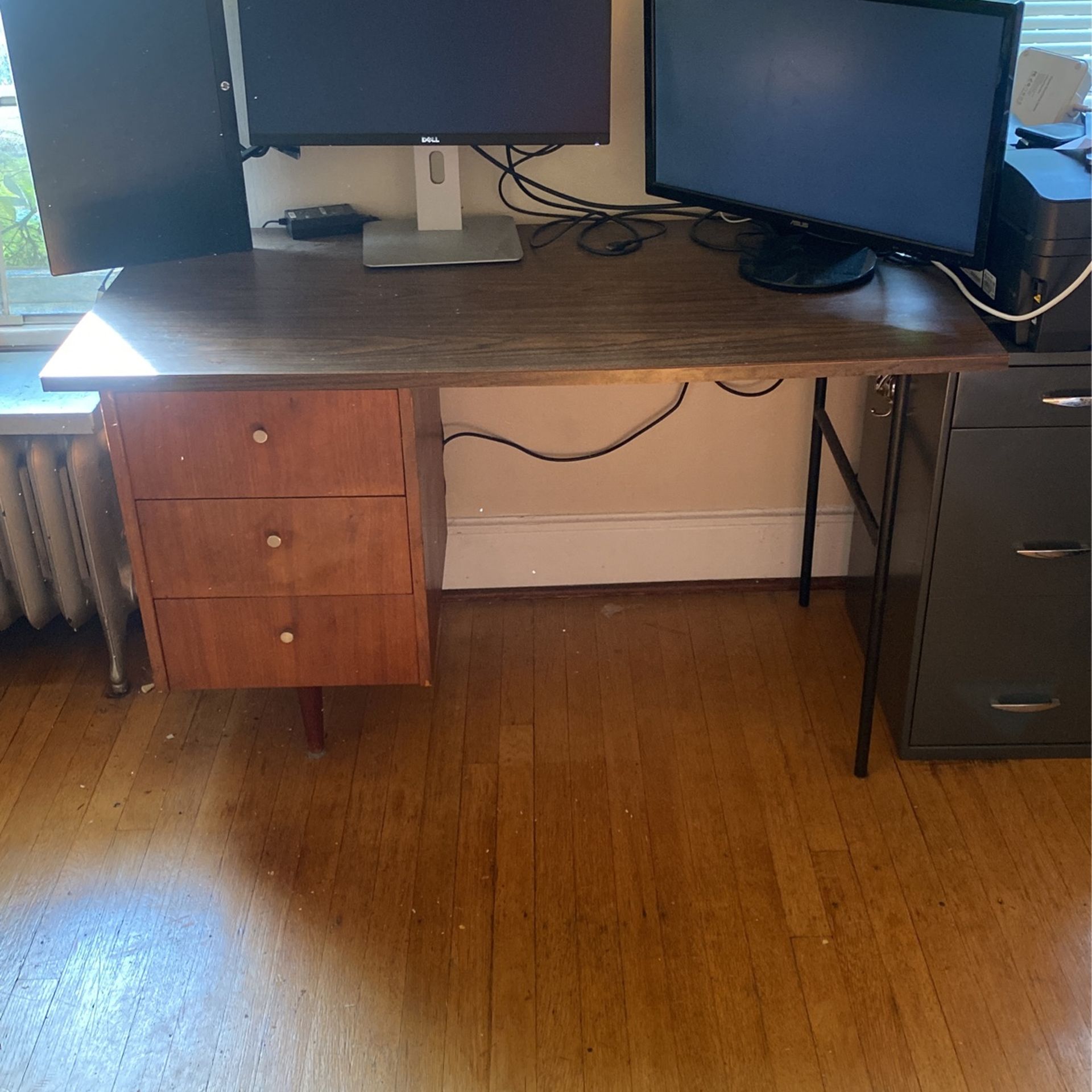 Mid Century Desk Dark Wood And Metal