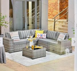 Patio Wicker Furniture Wide Arm 6-piece Set with Table - Striped Grey
