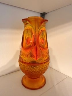 Viking Glass owl fairy lamp in a persimmon orange or amberina color.