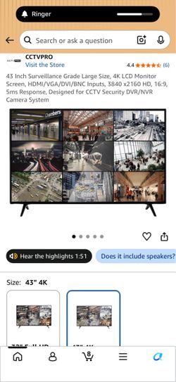 43 Inch Surveillance Grade Large Size, 4K LCD Monitor Screen, HDMI/VGA/DVI/BNC Inputs, 3840 x2160 HD, 16:9, 5ms Response, Designed for CCTV Security D