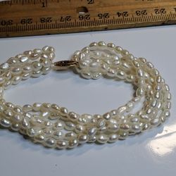 Wedding , Vintage 14k Gold & Multi Strand Real Pearls Bracelet