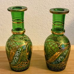 2 Enamored Hand Painted Floral Green Glasses Decanters Middle East