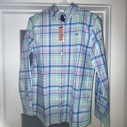 VINEYARD VINES Madras Plaid Button Shirt - Azure Blue - NWT Boys L (16)