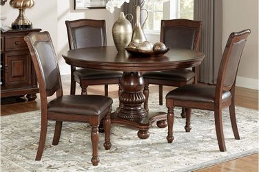 Brand new brown cherry round dining table (54"x30"H) + 4 chairs