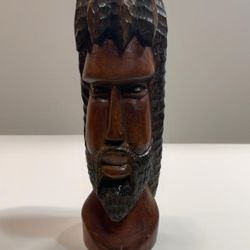Vintage Carved Wooden Head Face Statue Jamaicain Folk Art 10in Solid Wood