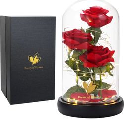 BRAND NEW IN BOX Beauty and The Beast Rose in Glass Dome Romantic Red Silk Rose Flower Gift Anniversary Gifts 	•	Valentines day gifts 