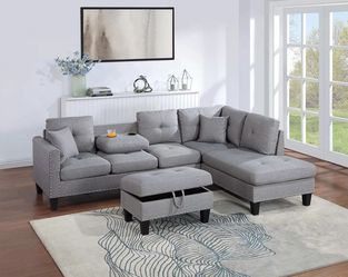 Brand new taupe gray linen sectional + storage ottoman (98x70x34H))