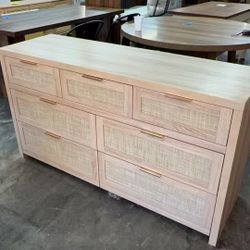 New assembled 7 Drawer Dresser for Bedroom, 57" Wide Rattan Dressers, Large Chest of Drawers for Bedroom, Dresser TV Stand, Boho Closet Organizer (Rec