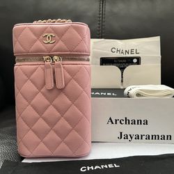 Chanel 22C Pink Caviar Vanity Phone Holder With Chain Gold Hardware