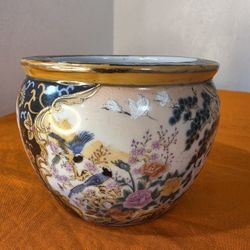 3" x 4" Chinese Satsuma Flower Pot Chinoise Style Handpainted Planter Vase Lotus Flower Cranes Black,Signed.
