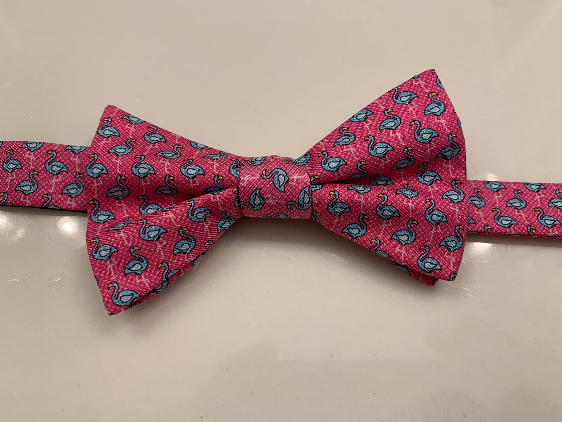 New Men’s Bow Tie W/ Flamingo Accents, Fully Adjusting, Easy Clip Design