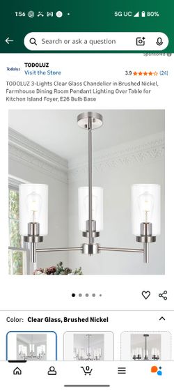 TODOLUZ 3-Lights Clear Glass Chandelier in Brushed Nickel, Farmhouse Dining Room Pendant Lighting Over Table for Kitchen Island Foyer, E26 Bulb Base