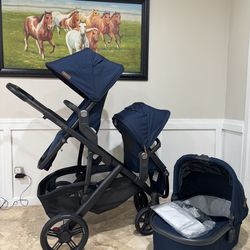New uppababy vista v3 double navy blue stroller and bassinet v2