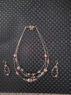 Purple Beaded Multi-Strand Necklace and Earring Set