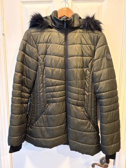 HFX Olive Green Faux Fur Trim Hooded Puffer Jacket women’s size Medium Winter Coat