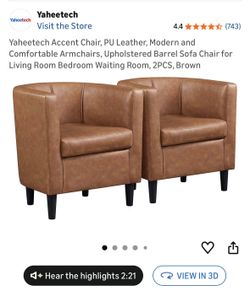 Yaheetech Accent Chair, PU Leather, Modern and Comfortable Armchairs, Upholstered Barrel Sofa Chair for Living Room Bedroom Waiting Room, 2PCS, Brown