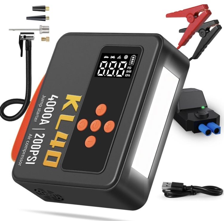 KL40 Jump Starter, Tire Inflator Portable Air Compressor, 4000A Peak 200PSI & 4X Faster, 26000mAh 12