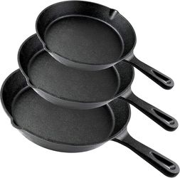 Black 3-Piece Cast Iron Skillet Set Pre-Seasoned 10 8 6.1 Pans