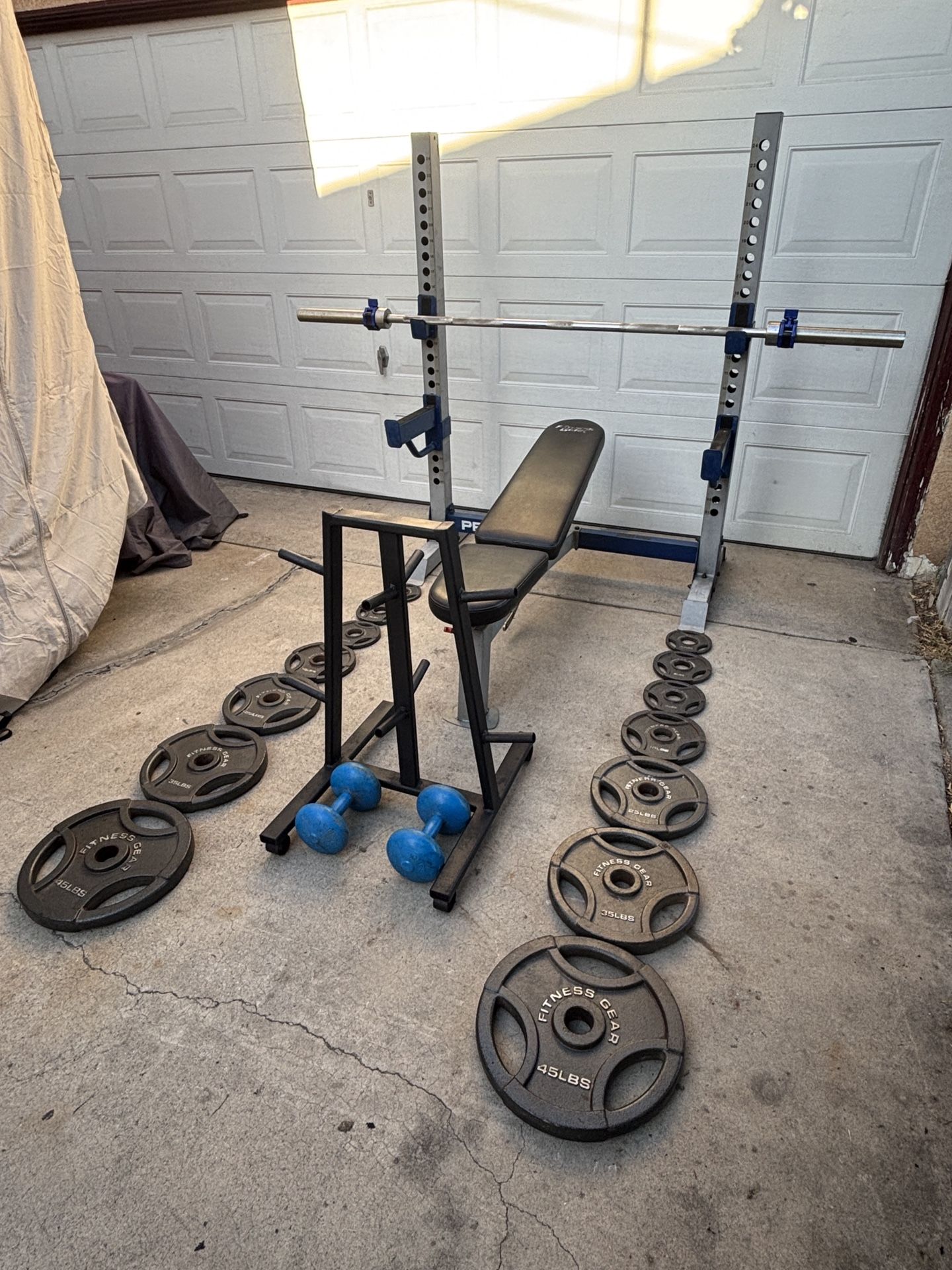 Olympic Weights, 7-ft Bar, Adjustable Bench, Weight Holder Rack