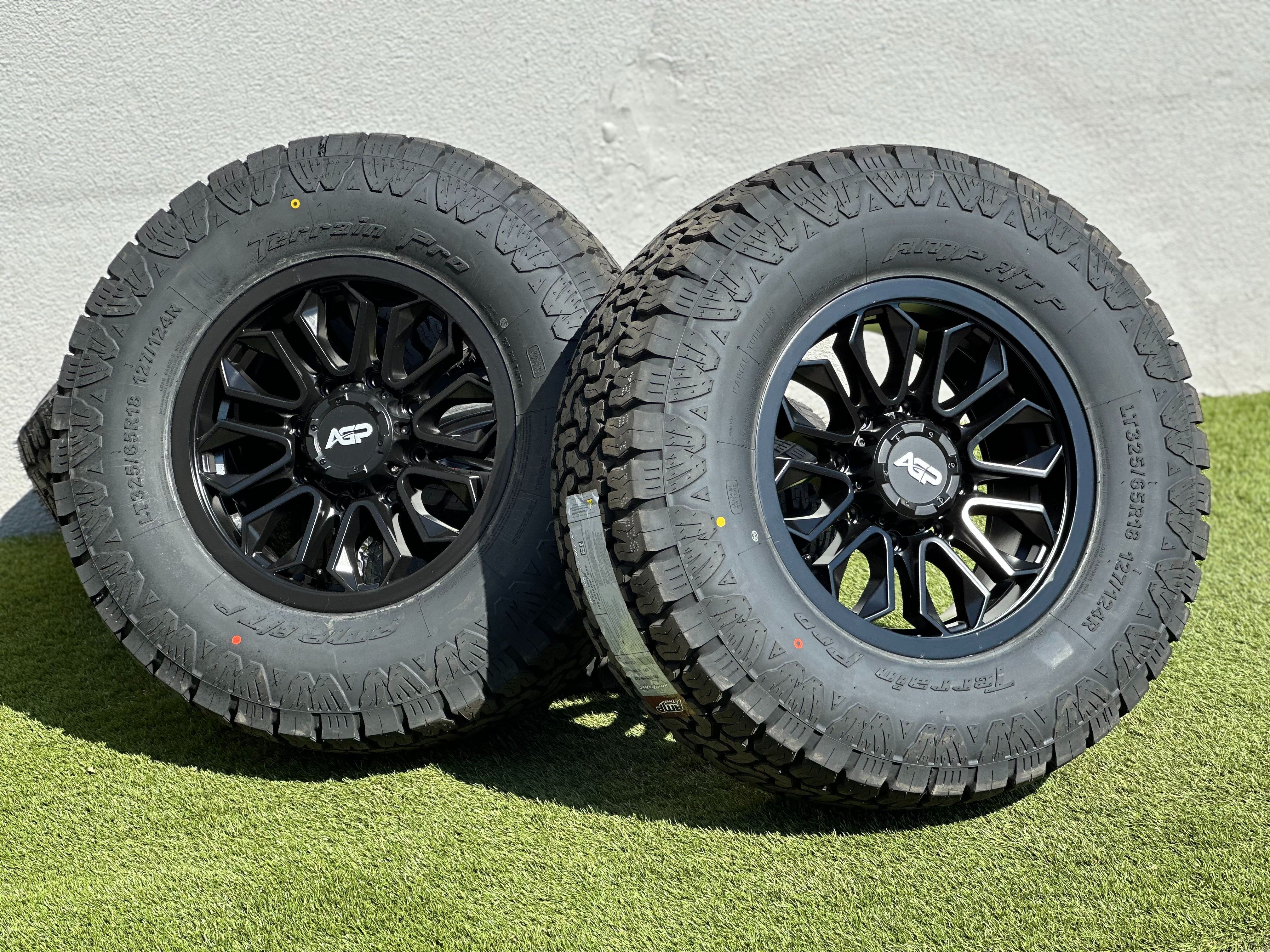 New 18” AGP HD Dodge Ram 2500 Wheels 8x165 Dodge Ram 3500 Wheels 35” Tires A/T Older Ford Chevy GMC