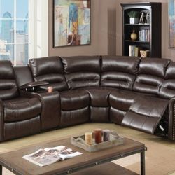 Brand New Brown Leather Reclining Sectional Sofa 