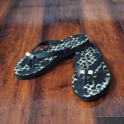 Coach Black and Gold Patterned Sandals Size 6